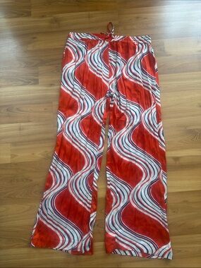Zara Red-Orange, White & Blue Wave-Print Wide-Leg Pants